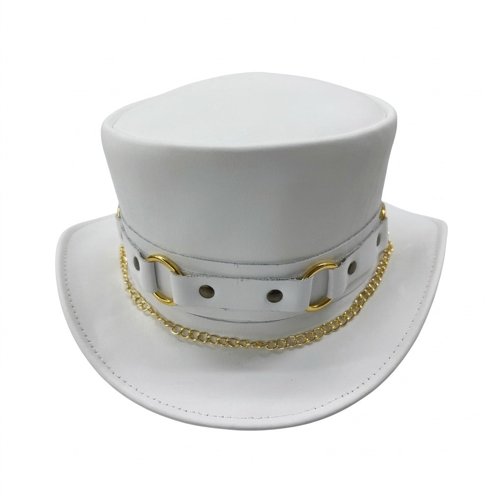 Gothic Steampunk White Leather Top Hat with Gold Chain &amp; D-Ring Band