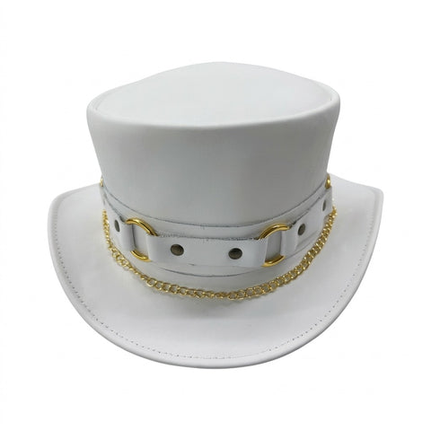 Gothic Steampunk White Leather Top Hat with Gold Chain &amp; D-Ring Band