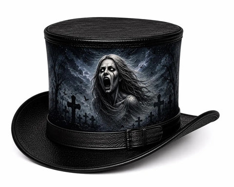 Gothic Screaming Banshee Leather Top Hat - Spooky Graveyard Halloween Costume Hat