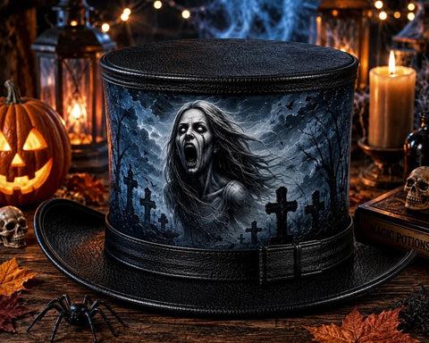 Gothic Screaming Banshee Leather Top Hat - Spooky Graveyard Halloween Costume Hat