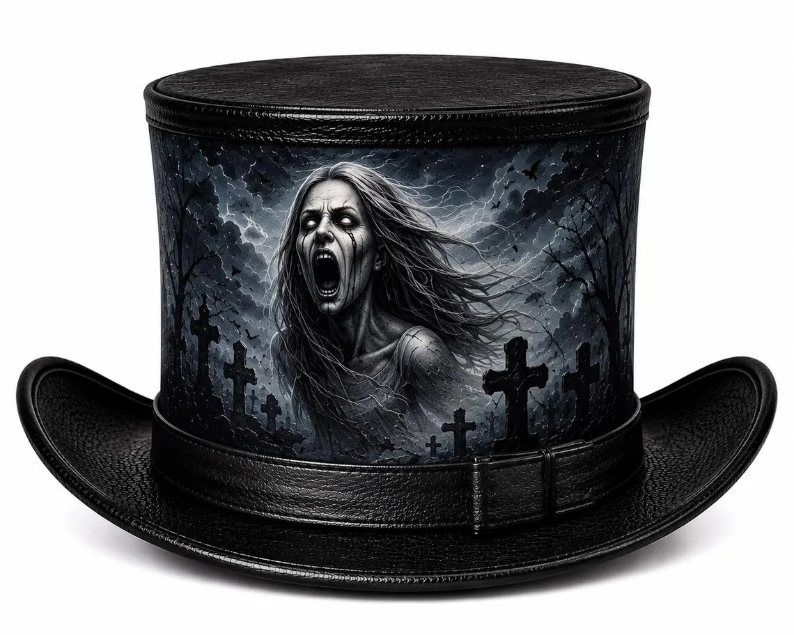 Gothic Screaming Banshee Leather Top Hat - Spooky Graveyard Halloween Costume Hat