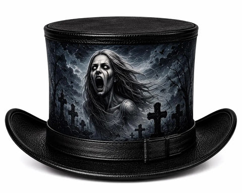 Gothic Screaming Banshee Leather Top Hat - Spooky Graveyard Halloween Costume Hat