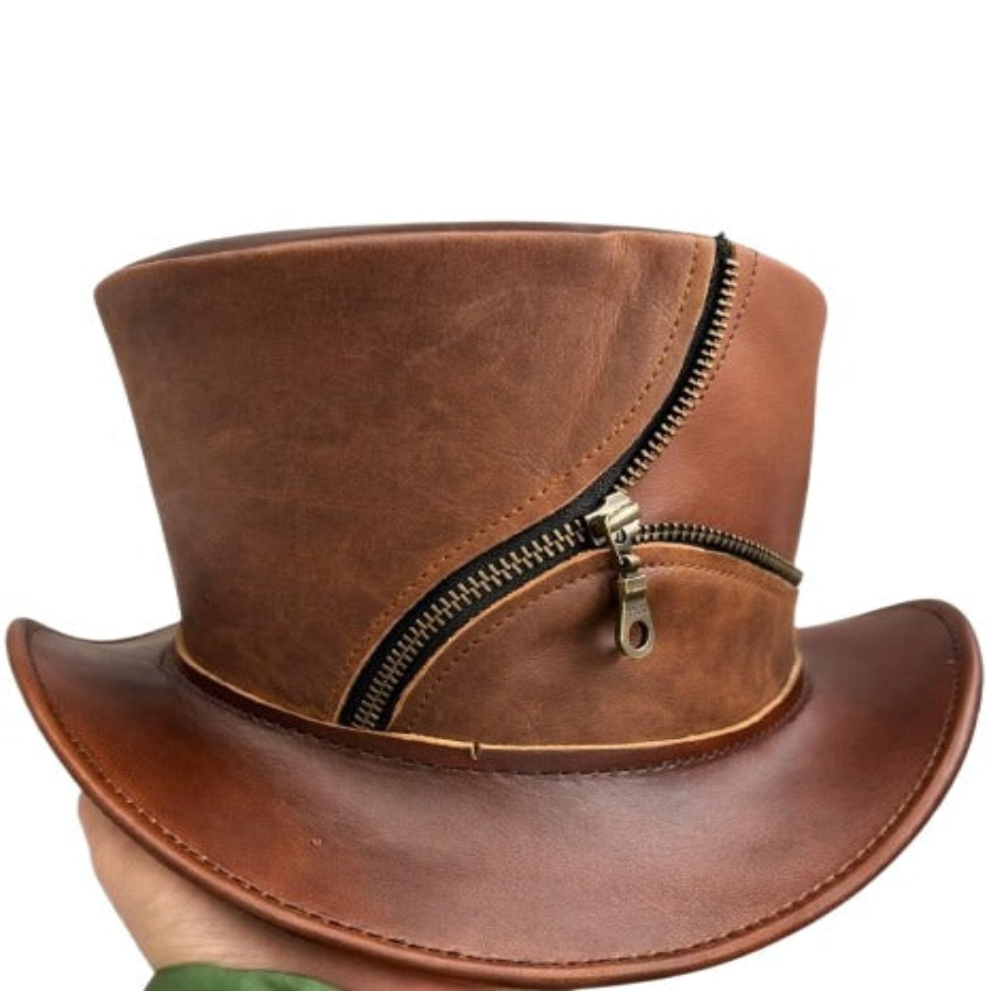 Handcrafted leather top hat with zipper crown in steampunk Western costume style