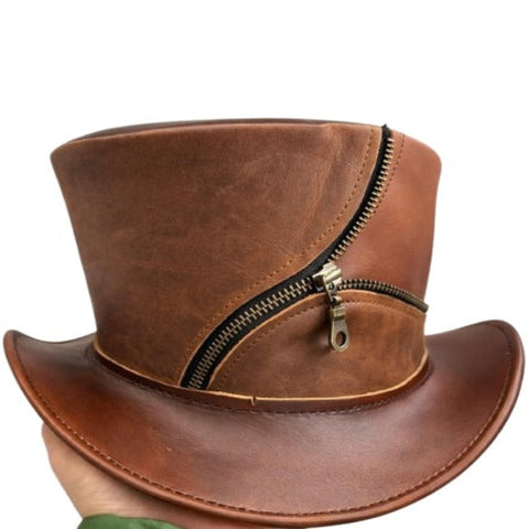 Handcrafted leather top hat with zipper crown in steampunk Western costume style
