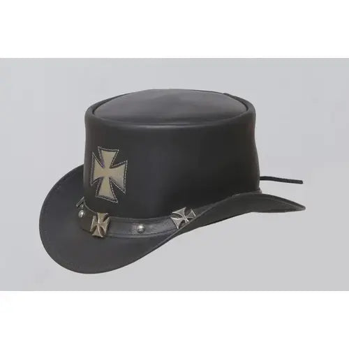 Handmade Black Cowhide Top Hat Iron Cross Steampunk Gothic Biker Festival Cosplay Unisex