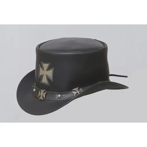 Handmade Black Cowhide Top Hat Iron Cross Steampunk Gothic Biker Festival Cosplay Unisex