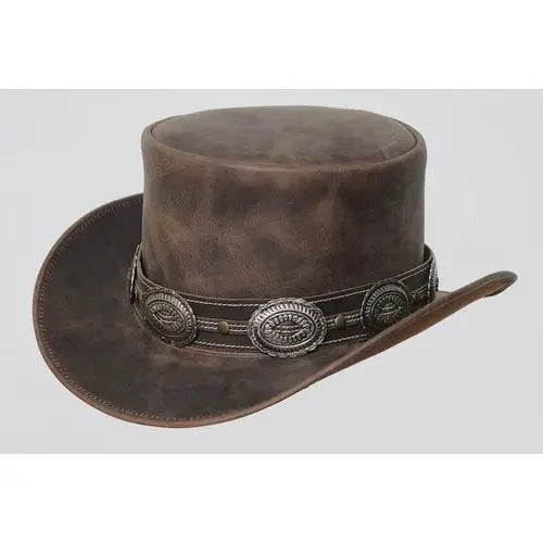 Handmade Brown Cowhide Top Hat Steampunk Gothic Western Concho Band Festival Cosplay Unisex