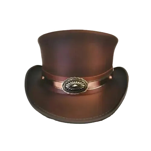 Handmade Brown Cowhide Top Hat Steampunk Victorian Concho Band Festival Cosplay Biker Unisex