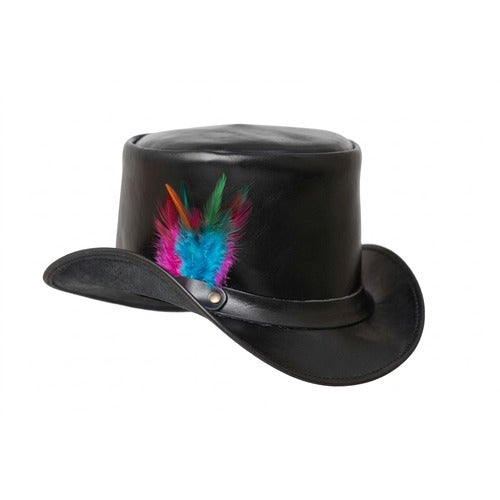 Handmade Cowhide Top Hat Feather Band Steampunk Gothic Biker Shapeable Brim Festival Unisex