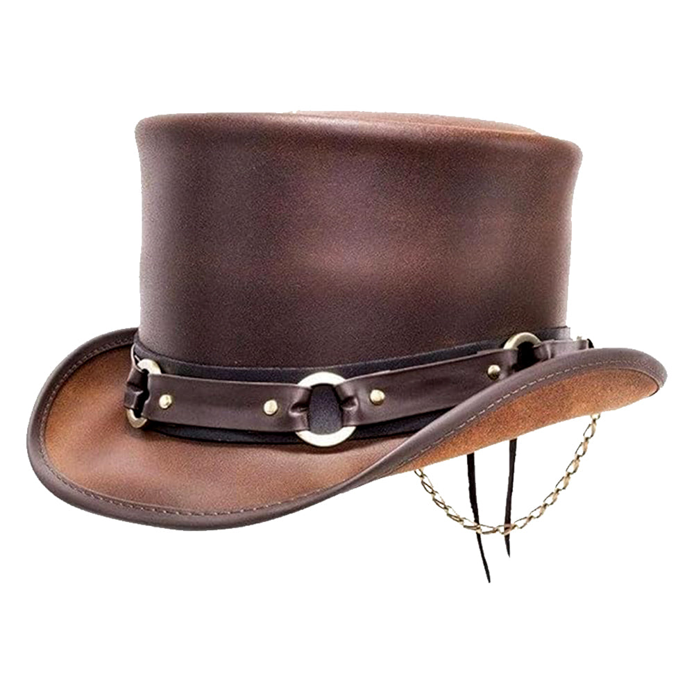 Handmade Steampunk Leather Top Hat – Victorian Biker Style with Decorative Band