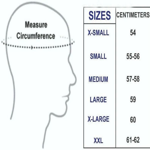 Head measurement chart with a silhouette of a head and size measurements in centimeters.