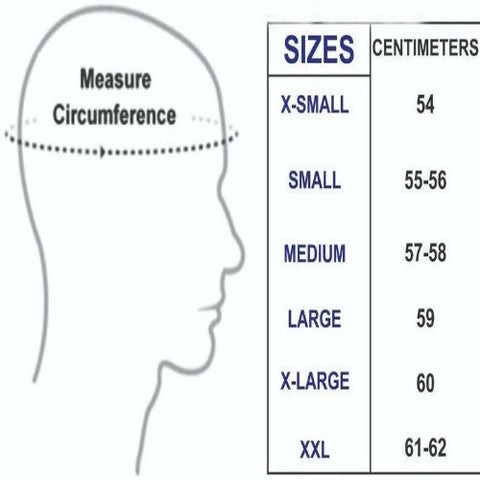 Head measurement chart with a silhouette of a head and size measurements in centimeters.