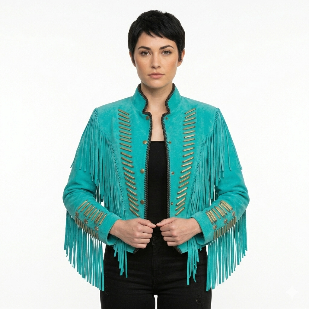 ILHAN LUXURY Suede Fringe Jacket – Western Cowgirl Coat with Bone Piping and Concho Accents