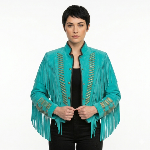 ILHAN LUXURY Suede Fringe Jacket – Western Cowgirl Coat with Bone Piping and Concho Accents