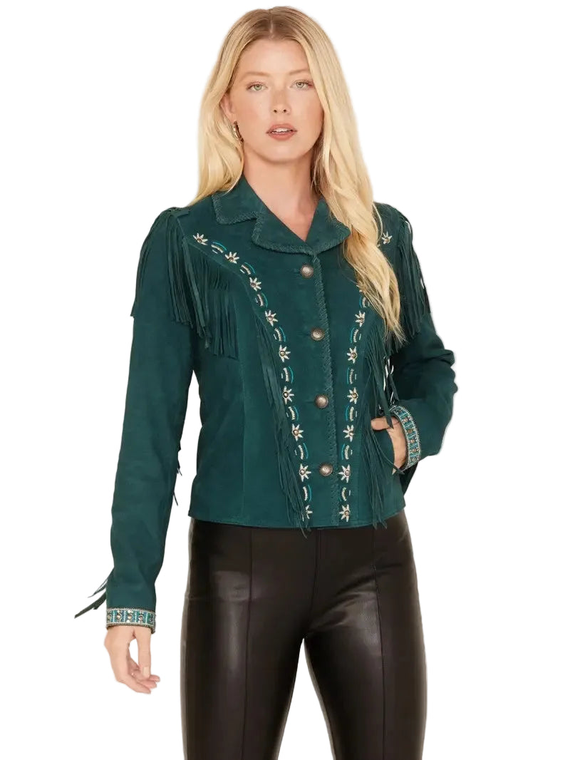 ILHAN LUXURY Women's Teal Suede Fringe Jacket | Beaded Western Cowgirl Coat