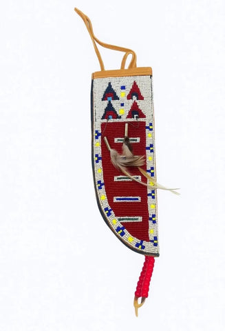 Hand-Beaded Leather Knife Sheath for Collectors – Tribal Western Beadwork Cover with Feather Accent | Handmade Gift for Men