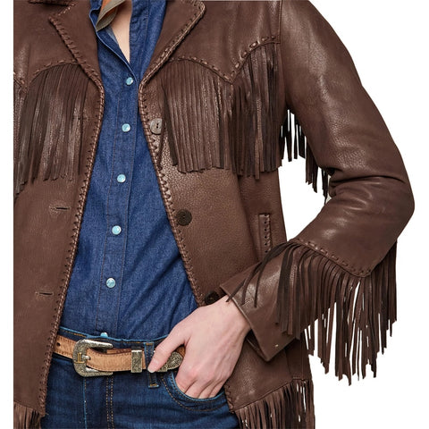 Women Western Leather Fringe Jacket Cowgirl Whipstitch Button Coat