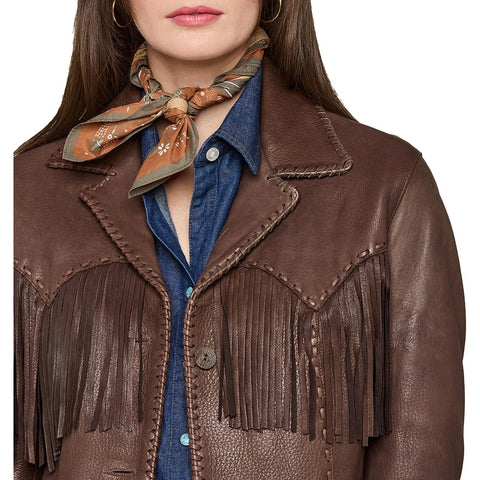 Women Western Leather Fringe Jacket Cowgirl Whipstitch Button Coat