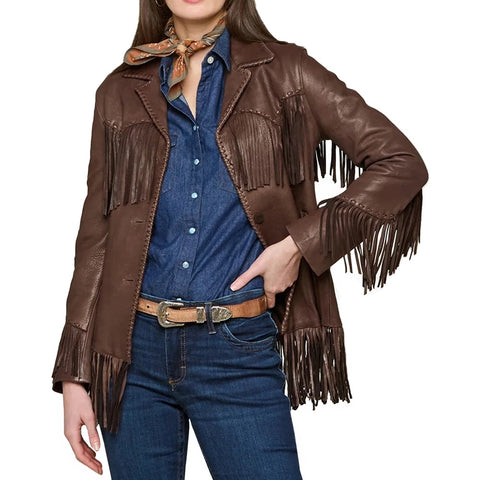 Women Western Leather Fringe Jacket Cowgirl Whipstitch Button Coat