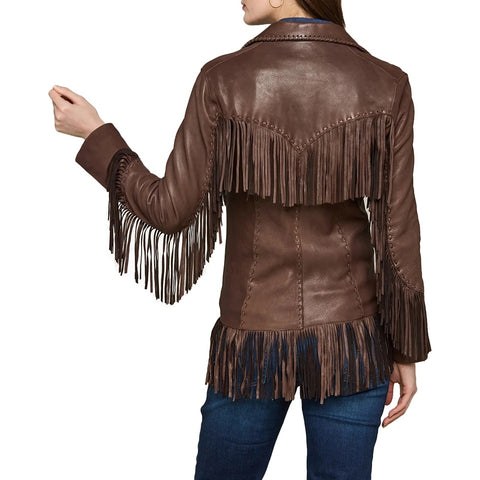 Brown Leather Fringe Jacket – Western Cowgirl Coat – Boho Festival Style – Genuine Leather Retro Outerwear