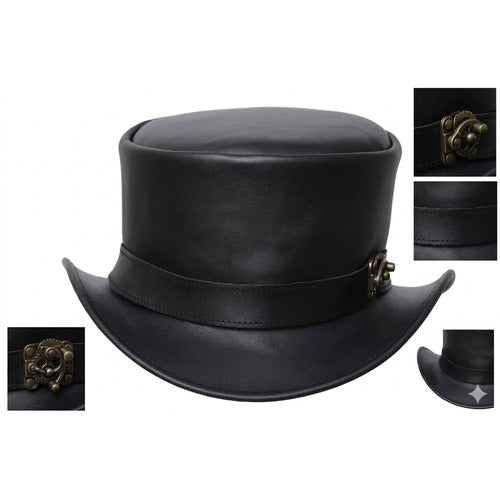 Black Leather Short Top Hat – Steampunk Gothic Biker Style