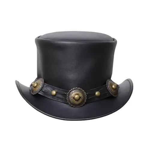 Black Leather Steampunk Top Hat – Gothic Victorian Biker Style