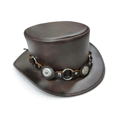 Brown Leather Top Hat Steampunk Gothic Concho O Ring Biker Festival Hat