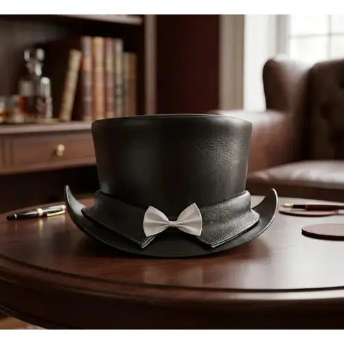 Black Leather Top Hat with Bow Tie – Victorian Steampunk Gothic Style