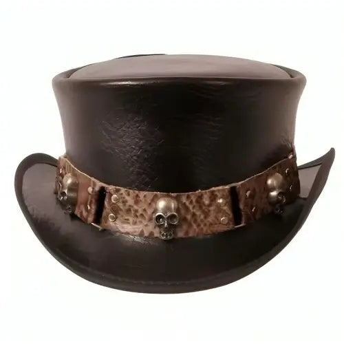 Leather Top Hat with Skull Studs – Steampunk Gothic Biker Style