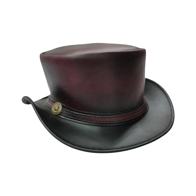 Maroon and Black Leather Top Hat Steampunk Gothic Biker Victorian Festival Hat