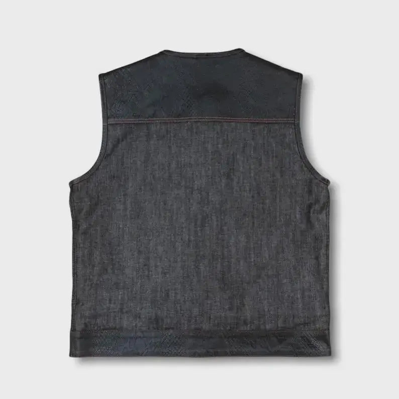 Men’s Black Denim Leather Motorcycle Vest Red Stitch Club Style Biker Vest with Concealed Carry Pockets