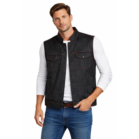 Men’s Black Denim &amp; Leather Motorcycle Vest – Red Stitch Club Style