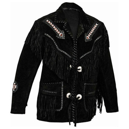 Men’s Black Suede Mountain Man Jacket – Beaded Frontier Concho Style