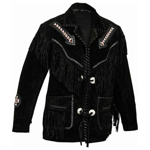 Men’s Black Suede Mountain Man Jacket – Beaded Frontier Concho Style