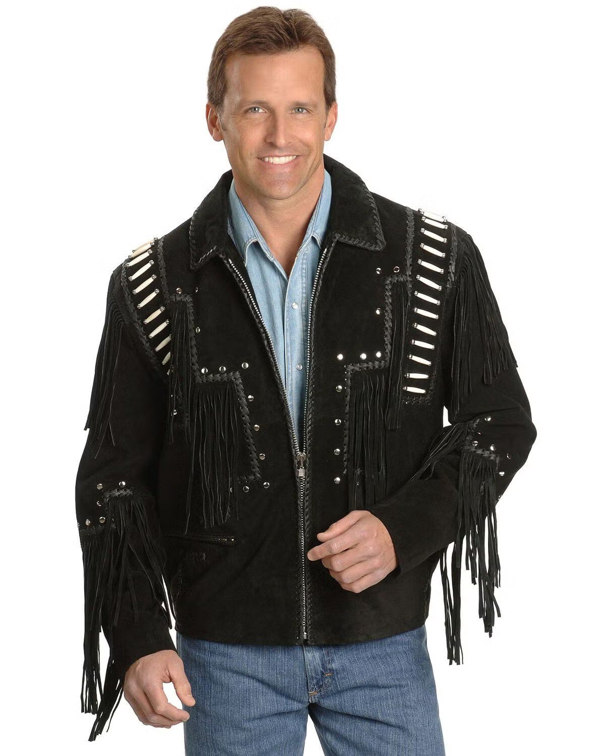 Men’s Bone Fringed Suede Leather Jacket – Western Cowboy Style