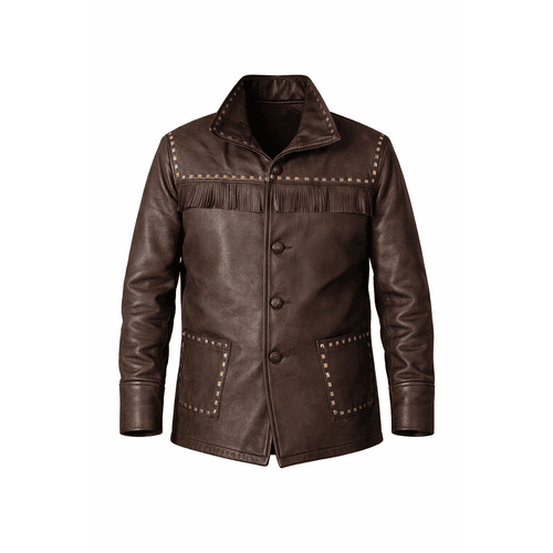 Men’s Cowhide Leather Fringe Jacket – Western Cowboy Studded Style