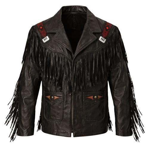 Men’s Fringed Leather Jacket – Western Beaded Embroidered Cowboy Style