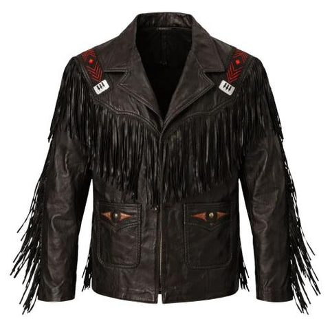 Men’s Fringed Leather Jacket – Western Beaded Embroidered Cowboy Style