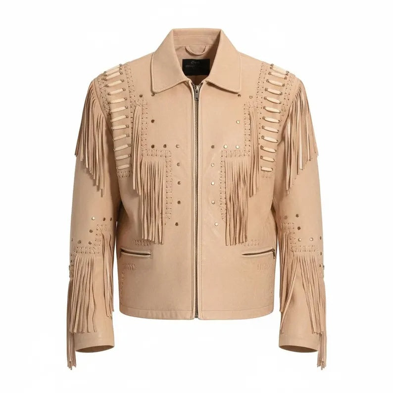 Men’s Fringed Leather Jacket – Western Studded &amp; Beaded Cowboy Style