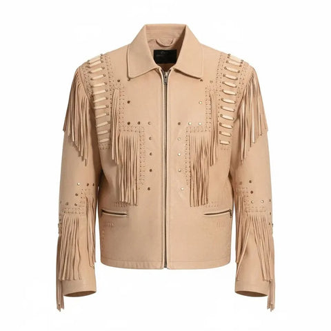 Men’s Fringed Leather Jacket – Western Studded &amp; Beaded Cowboy Style
