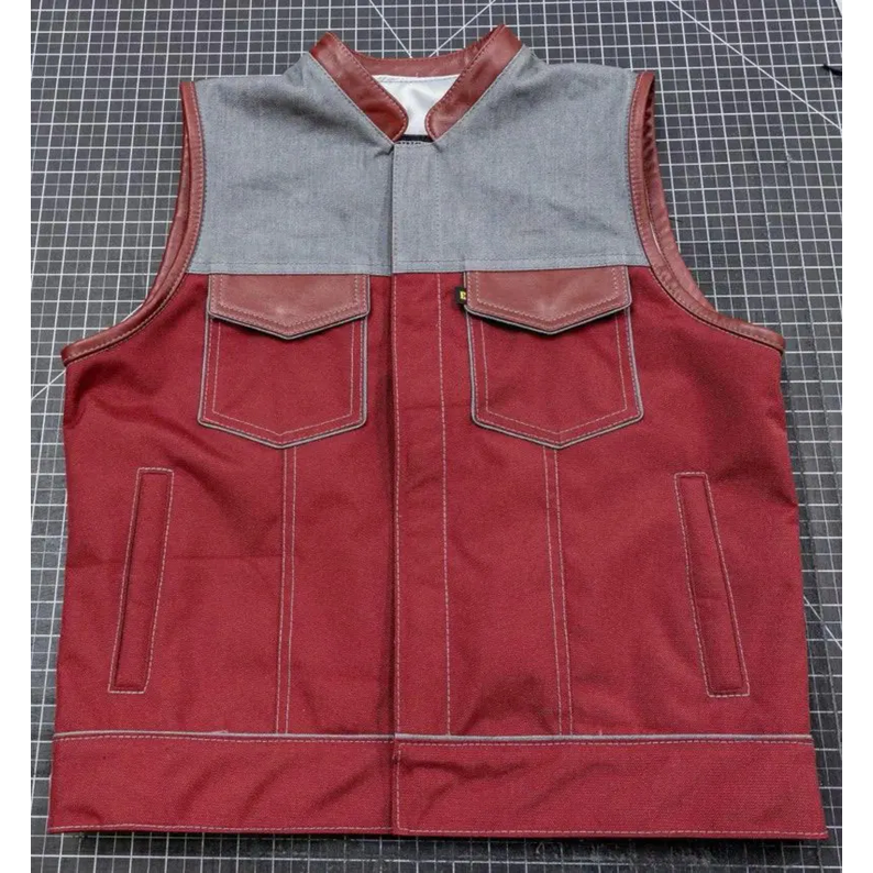 Men’s Red Leather Grey Denim Motorcycle Vest Club Style Biker Vest with Concealed Carry Pockets Preacher Collar