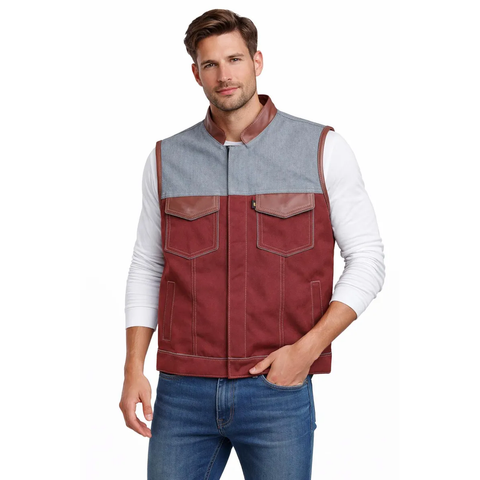 Men’s Red Leather &amp; Grey Denim Motorcycle Vest – Club Style Biker Gear
