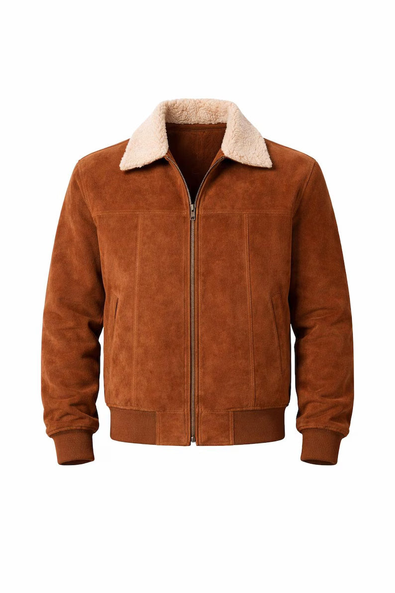 Men’s Sherpa-Lined Suede Bomber Jacket – Classic Winter Style