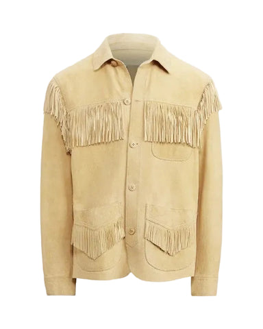 Mens Suede Fringe Jacket Western Cowboy Style Vintage 70s Button Front Leather Coat