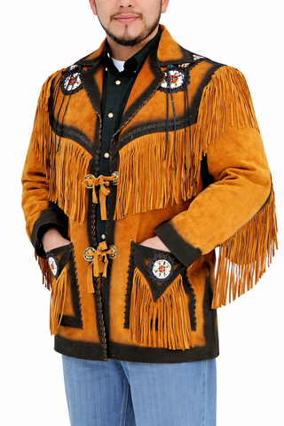 Men’s Suede Fringe Jacket – Western Cowboy Beaded Ocher Style