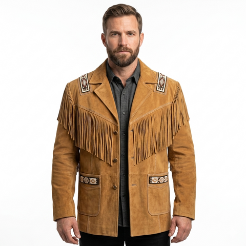 Men's Suede Western Fringe Jacket | Native Inspired Beaded Leather Coat