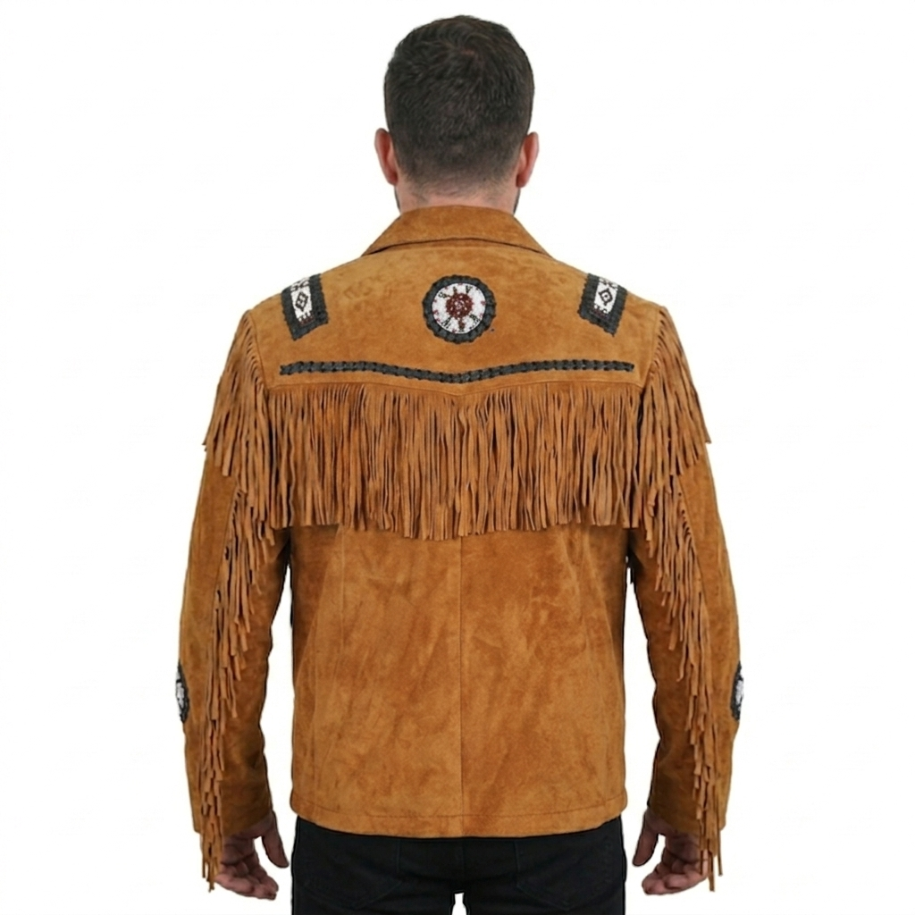 Men’s Traditional Western Fringe Suede Jacket – Beaded Toggle Style