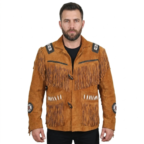 Men’s Traditional Western Fringe Suede Jacket – Beaded Toggle Style