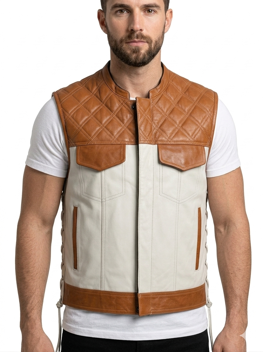 Men's Two Tone Leather Biker Vest | Quilted Riding Coat