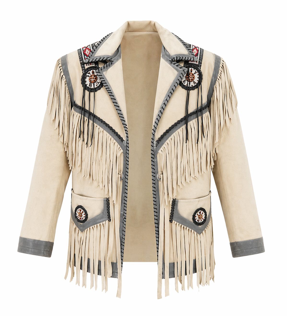 Men’s Western Suede Fringe Jacket – Beaded Native-Inspired Style